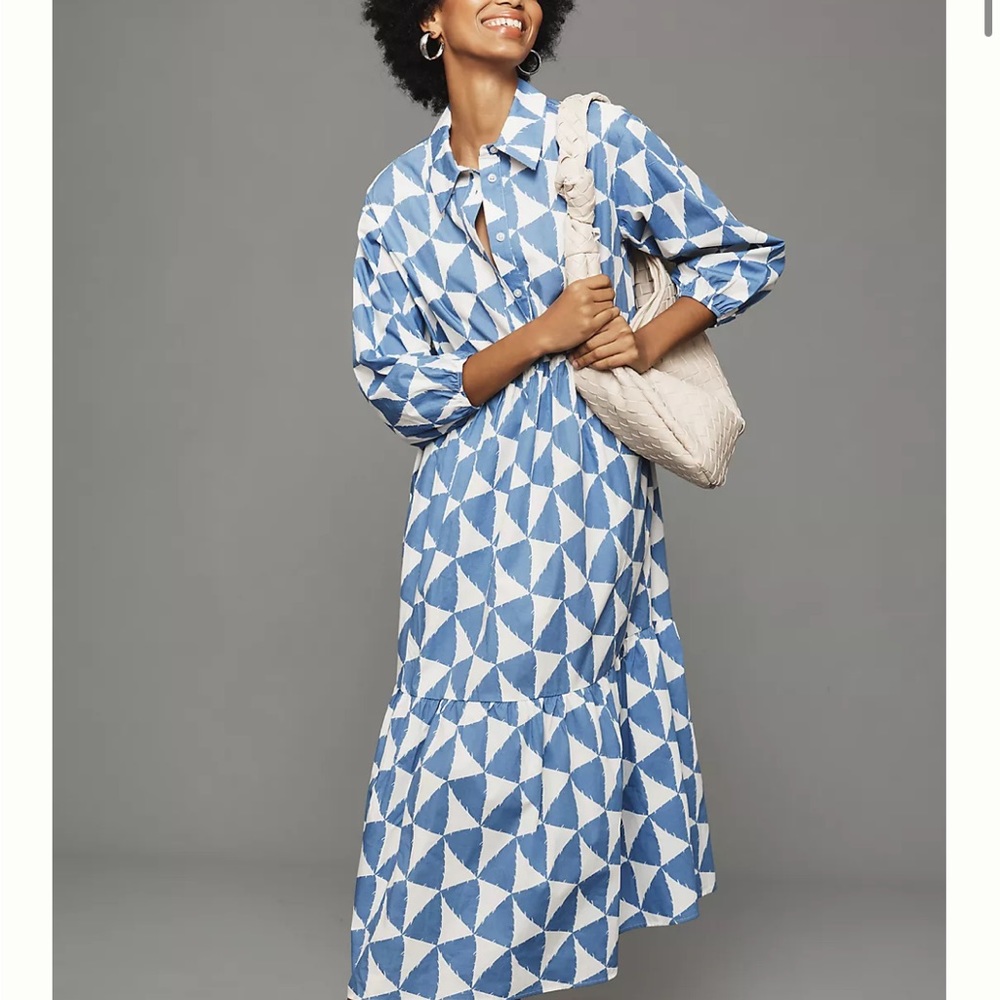 Anthropologie Blue and White Geometric Bettina Midi Dress